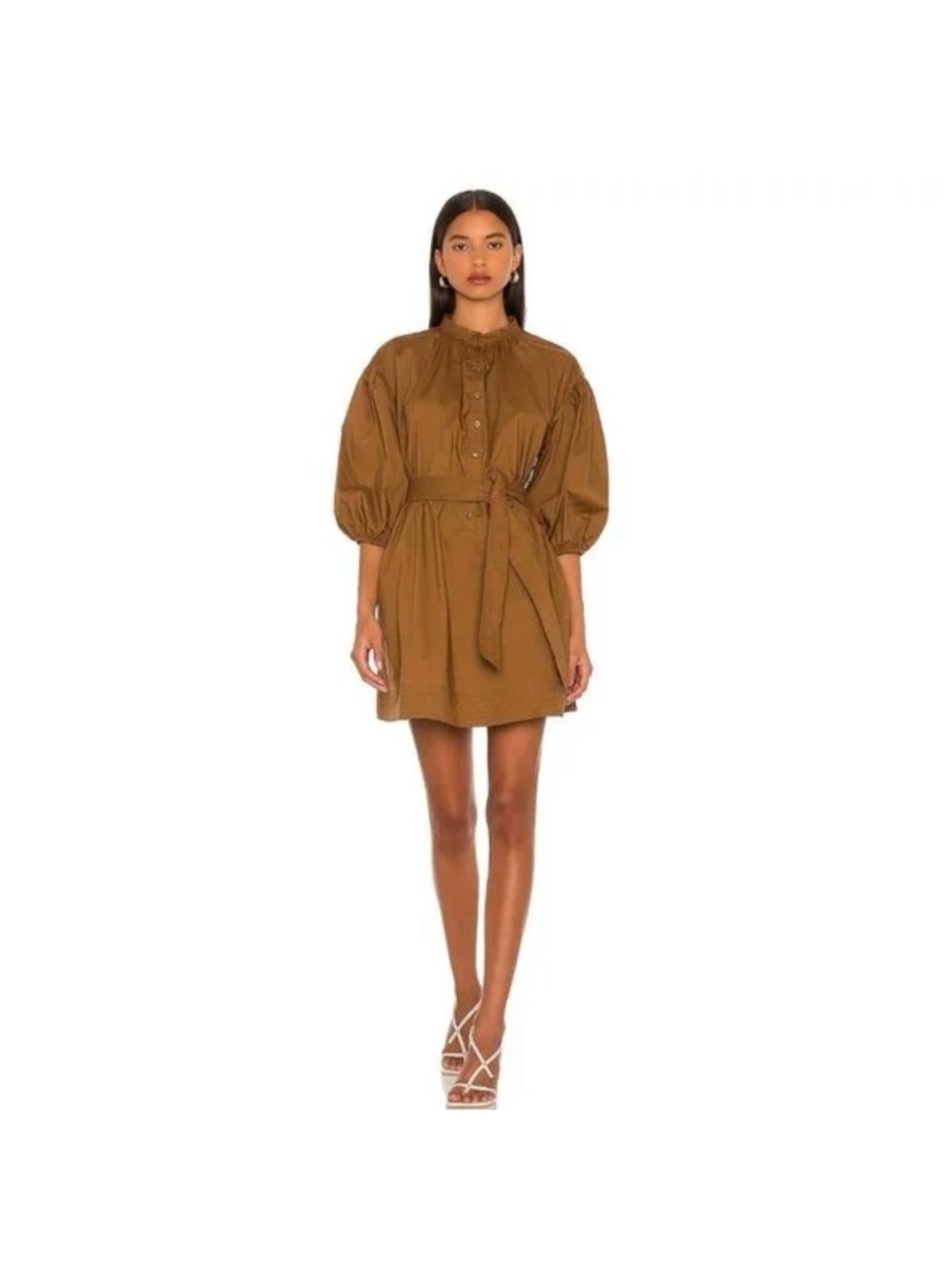 L’Academie Brown Puff-Sleeve Mini Dress with Tie Waist | Size: XS